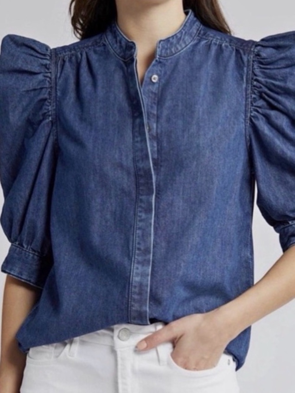 Frame Denim Indigo Gillian  Puff-Sleeve Button Down Shirt
